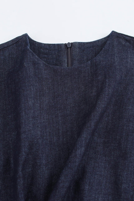 Crew Neck Front Pleated Sleeveless Denim Blue Color Casual Fashion Long Jeans Dress for Women