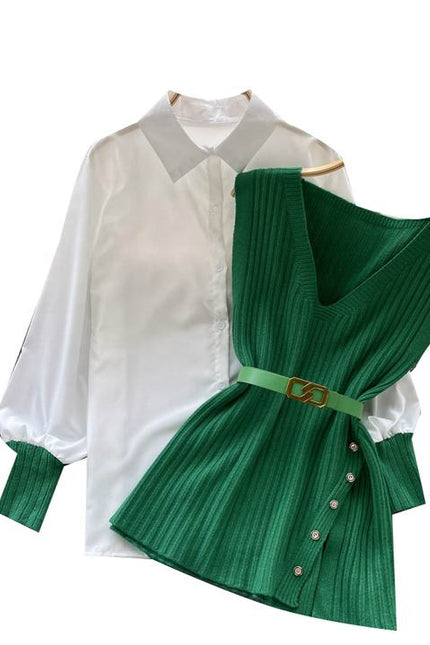 Two Piece Suit Green Sleeveless Knitted Vest White Long Sleeved Shirt Top Autumn Woman