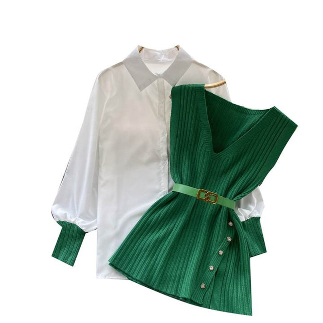 Two Piece Suit Green Sleeveless Knitted Vest White Long Sleeved Shirt Top Autumn Woman