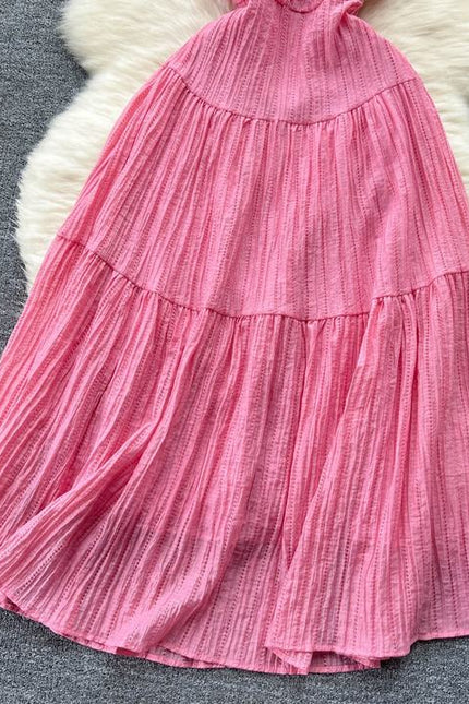 Vacation Style Halter Beach Dress Hollowed Out Strappy Pink Backless Dresses