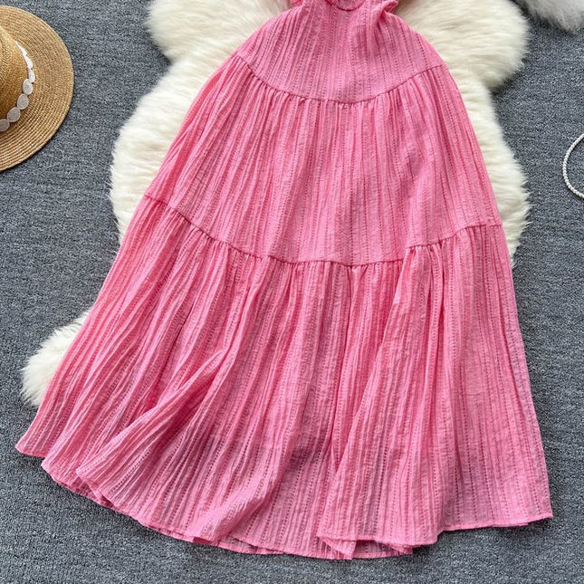Vacation Style Halter Beach Dress Hollowed Out Strappy Pink Backless Dresses