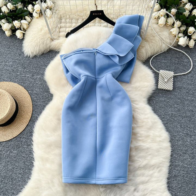 S-4xl Sexy Pure Desire Wind Bow Tie Single Shoulder Diagonal Neck Bra Wrap Hip Dress