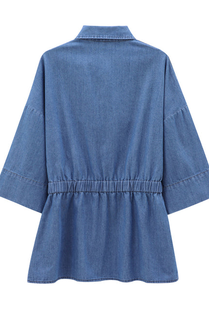 Turn Down Collar Half Sleeve Buttons up Denim Blue Color Buttons up Casual Fashion Tops Shirts for Women