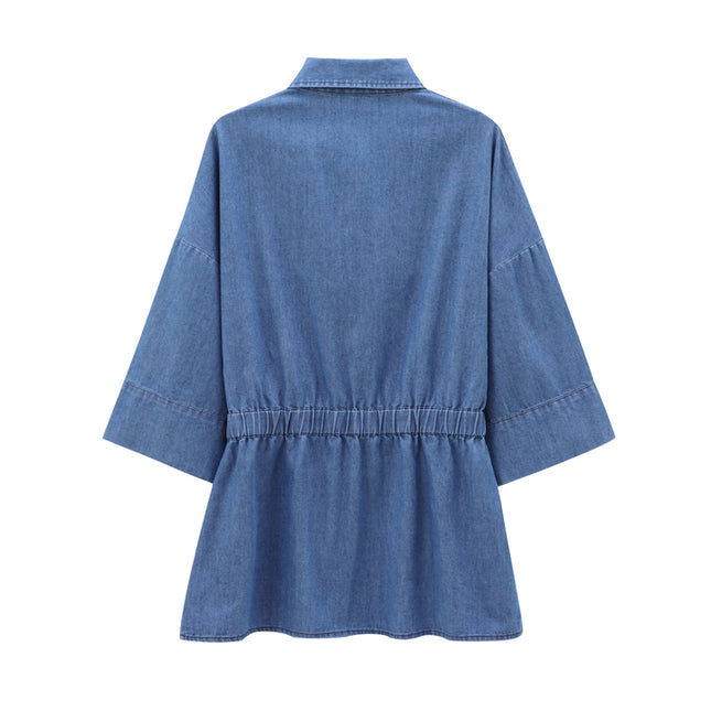 Turn Down Collar Half Sleeve Buttons up Denim Blue Color Buttons up Casual Fashion Tops Shirts for Women