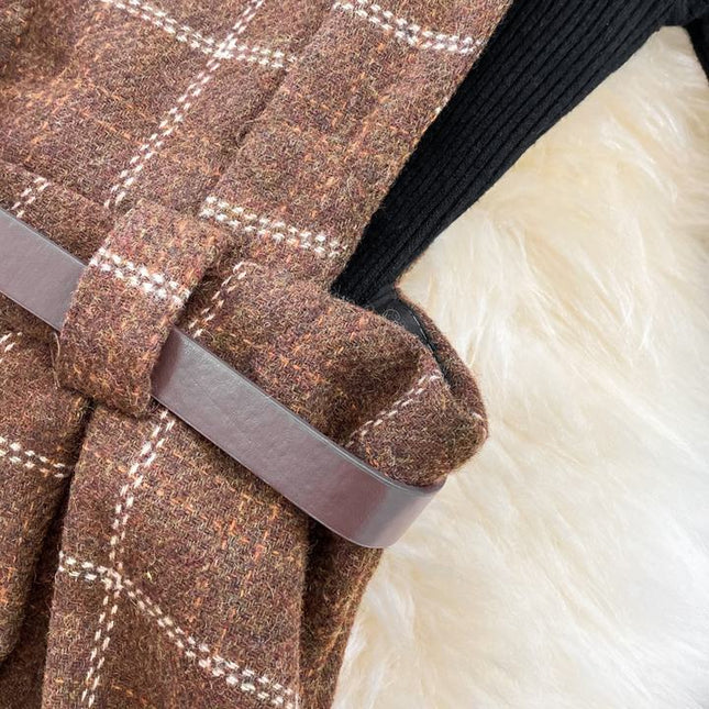 Checkered Strap Dress Autumn Winter Two Piece Set French Vintage Style Dress Stand up Neck Knit Top