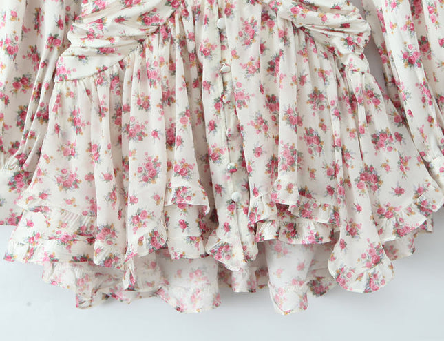 V Neck Floral Print Multi Color Long Sleeve Casual Fashion Mini Dress for Women