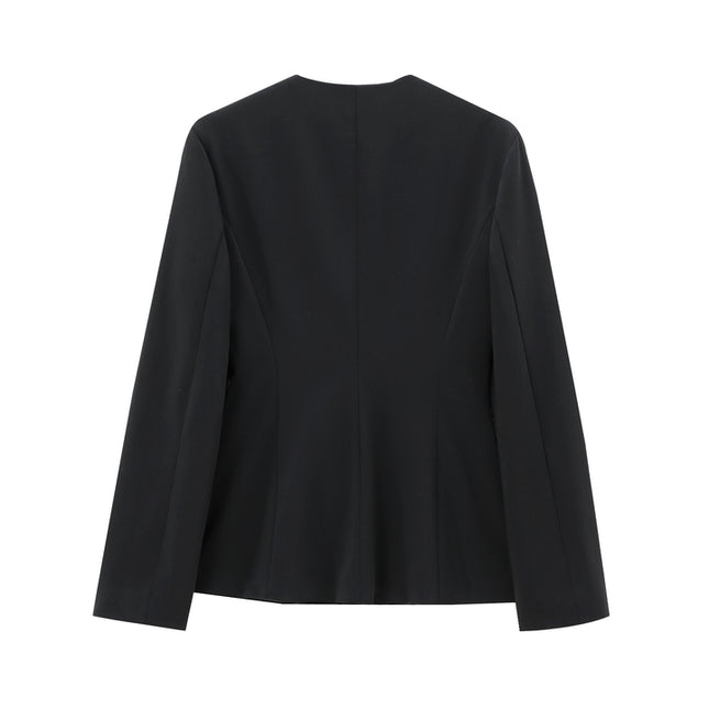 Black Color Single Breasted Long Sleeve Crew Neck Casual Fashion Jacket for Women