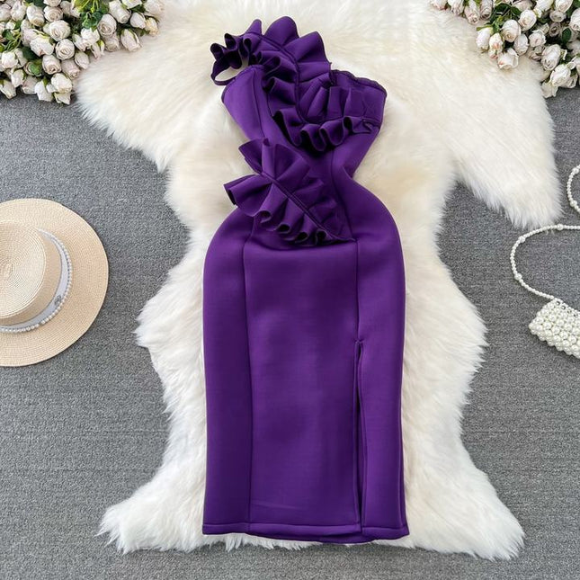 Fashion Premium Ruffle Sheath Hanging Neck Waist Purple Tight Gown Dresses