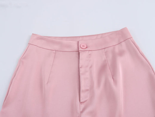 Strapless Zipper Fly pink Color tank Top Zipper Fly Long Pants Casual Fashion Women 2 Piece Set