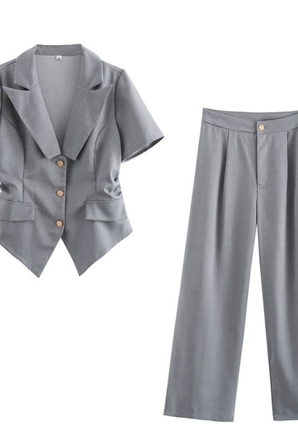 Gray Color Single Breasted Notched Collar Short Sleeve Casual Fashion Women 2 Piece Set