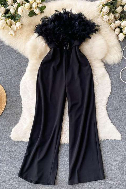 Luxury Feather Tassel Tube Top Jumpsuit Women High Waist Slimming Playsuits Lady Straight Wide Leg Jumpsuit Summer