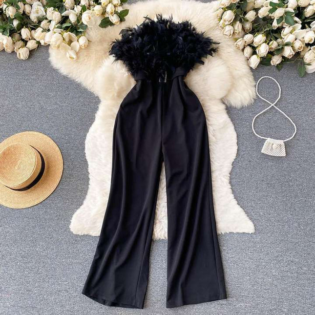 Luxury Feather Tassel Tube Top Jumpsuit Women High Waist Slimming Playsuits Lady Straight Wide Leg Jumpsuit Summer