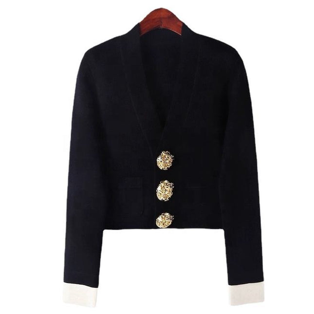 Knit Cardigan Women's Tops Autumn New Black and White Clashing Gold Buckle V-Neck Coat Jacket