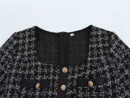 Square Collar Long Sleeve Plaid Pattern Buttons up Casual Fashion Tweed Long Dress for Women