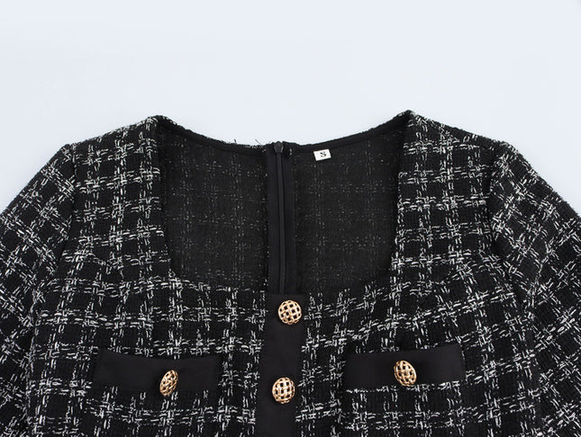 Square Collar Long Sleeve Plaid Pattern Buttons up Casual Fashion Tweed Long Dress for Women