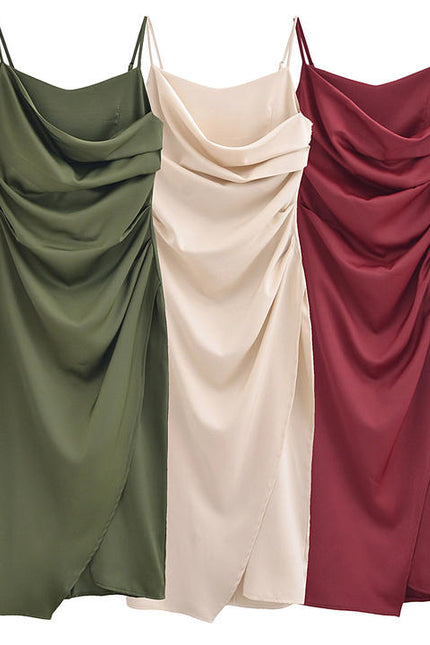 3 Colorway Front Slit Pleated Solid Color Spaghetti Strap Casual Fashion Women Long slip Dress