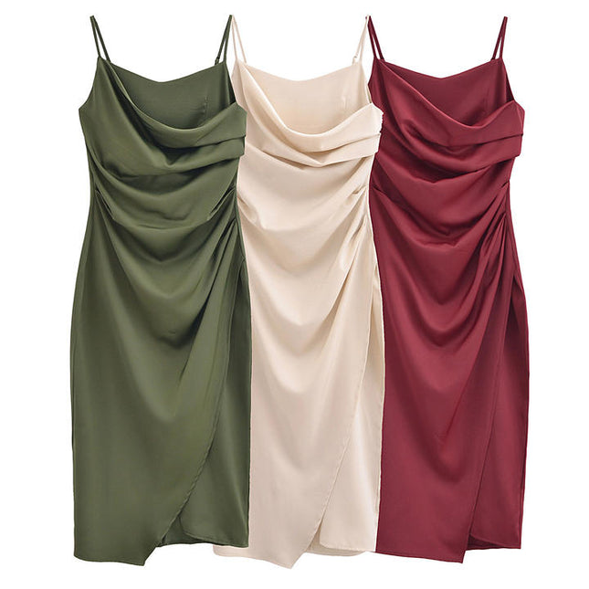 3 Colorway Front Slit Pleated Solid Color Spaghetti Strap Casual Fashion Women Long slip Dress