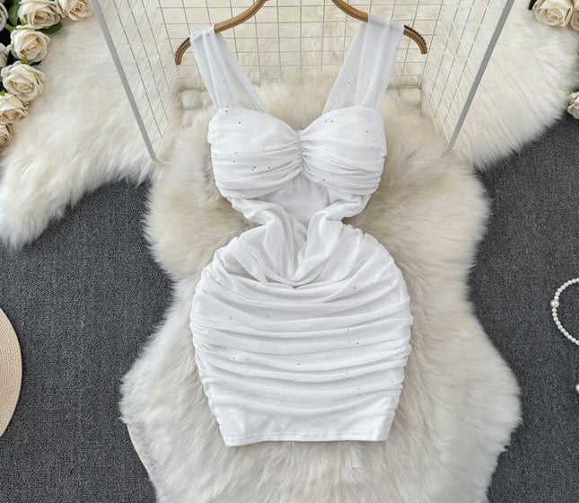 Summer V-neck Sleeveless Solid Mesh Casual Dress Women High Waist Mini Spaghetti Slip Dress Ladies Elegant Dresses Wholesale