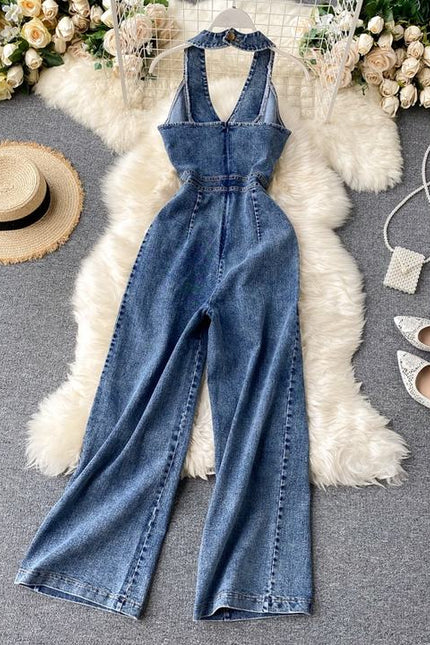 Vintage Wide Leg Women'S Suspenders Sleeveless Denim Jumpsuit