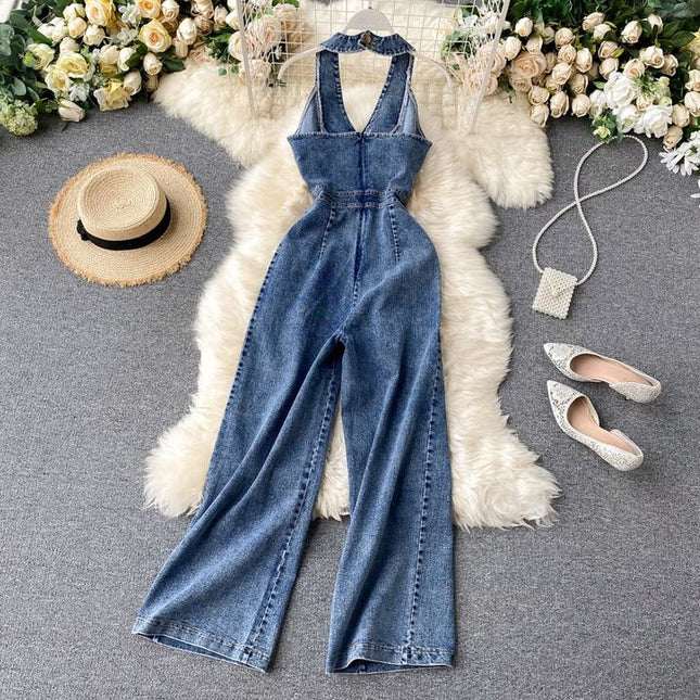 Vintage Wide Leg Women'S Suspenders Sleeveless Denim Jumpsuit
