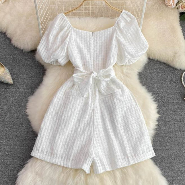 French Square Neck Bubble Short Sleeve Jumpsuit Summer New Fashion Shorts Jumpsuit