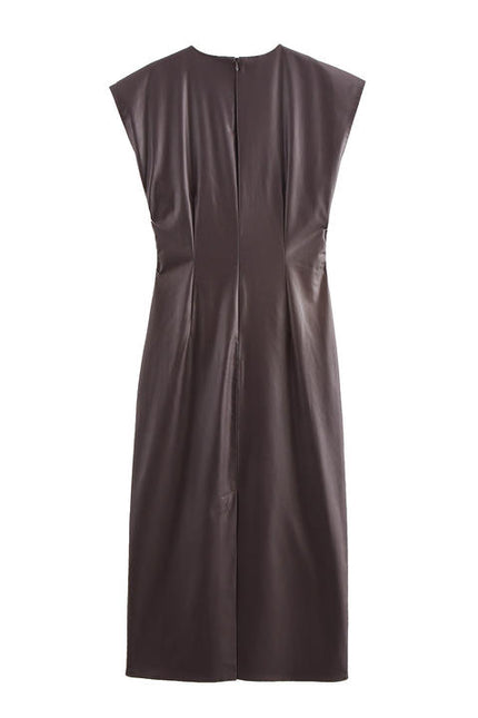 Crew Neck Front Pleated Brown Color Zipper Fly Sleeveless Casual Fashion PU Leather Maxi Dress for Women
