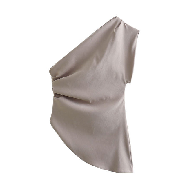 3 Colorway One Shoulder Design Solid Color Pleated Casual Fashion tank Tops for Women
