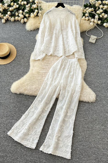 Women's Fashion Wrinkle Large Size Long Sleeve Shirt High Waist Wide Leg Trouser Set
