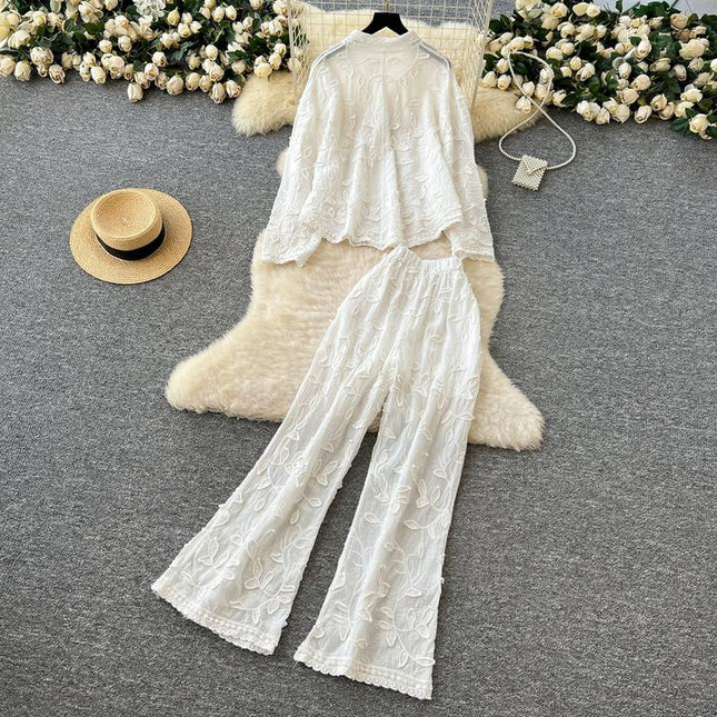 Women's Fashion Wrinkle Large Size Long Sleeve Shirt High Waist Wide Leg Trouser Set
