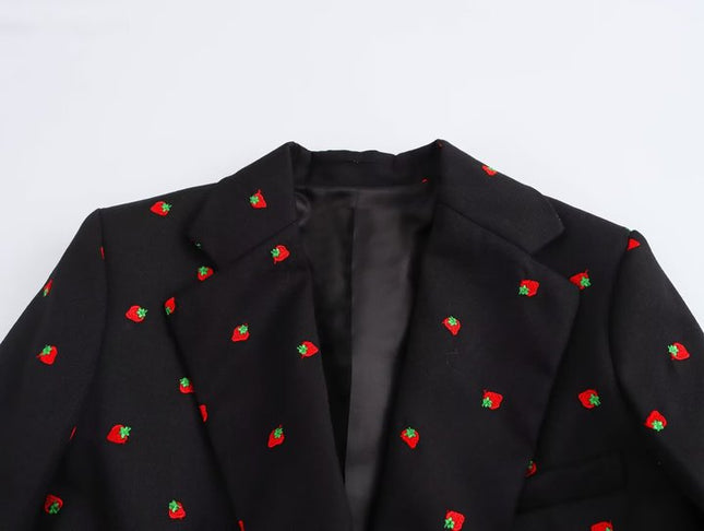 Black Color Fruit Print Black Color Long Sleeve Notched Collar Casual Fashion blazer for Women