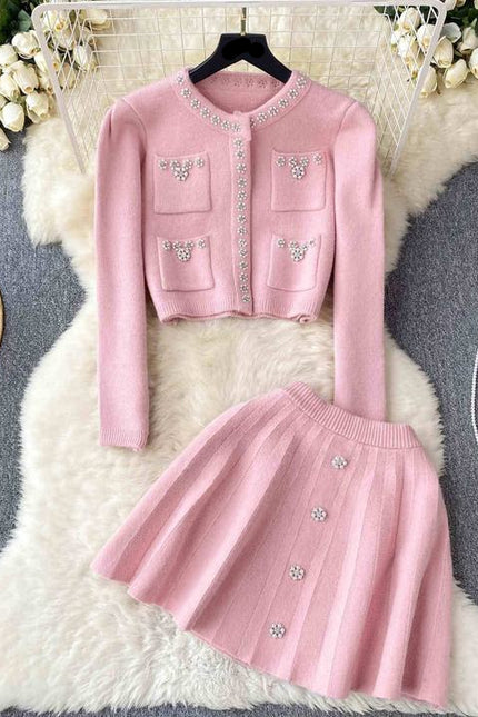 New Women Knit Two Piece Sets Short Sweater Cardigan Skirt Set Elegant Office Party Two Pieces
