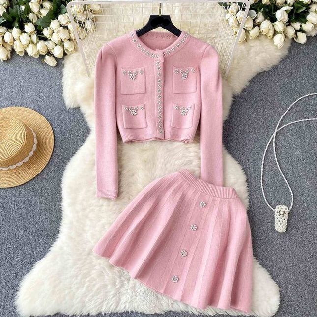New Women Knit Two Piece Sets Short Sweater Cardigan Skirt Set Elegant Office Party Two Pieces