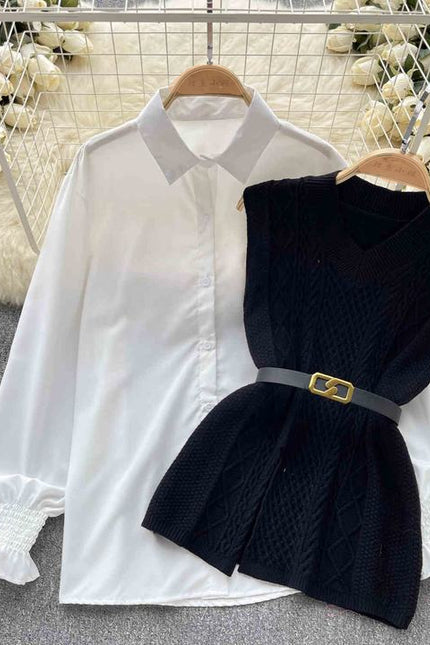 2025 Autumn Fashion ChicWaist Closing Knitting Vests Lapel White Casual Long Sleeve Shirts Female