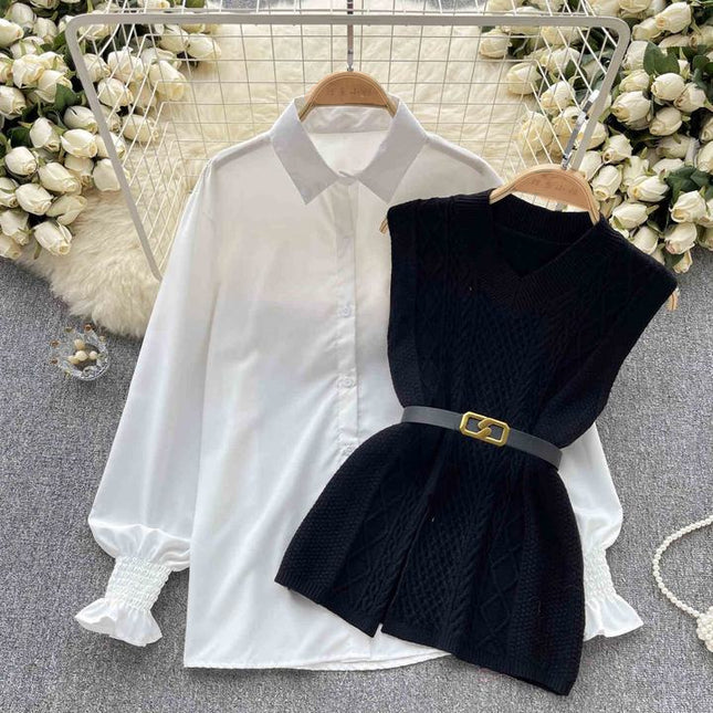 2025 Autumn Fashion ChicWaist Closing Knitting Vests Lapel White Casual Long Sleeve Shirts Female