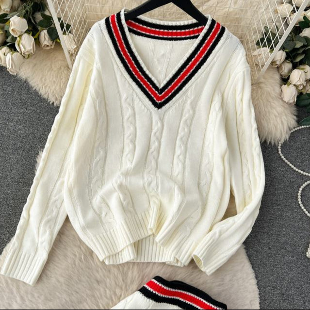 Stylish Casual Chic Style Knitted Top + High Fanny Pack Hip Twist Sweater Skirt Two-Piece Set