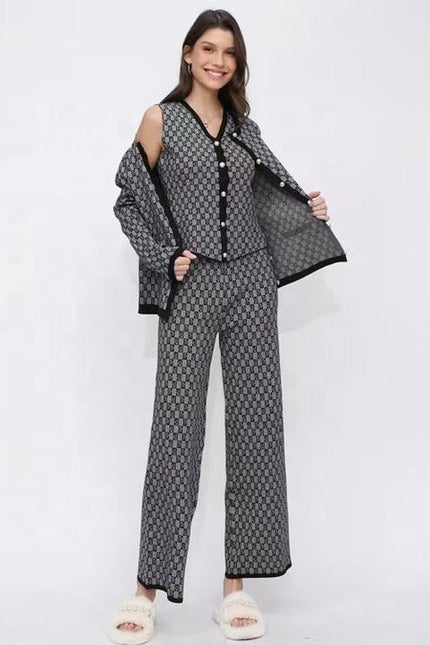 Retro Jacquard Set Women's Fragrant Style Sleeveless Knitted Shoulder Sweater Cardigan Coat Wide Leg Pants 3-Piece Set