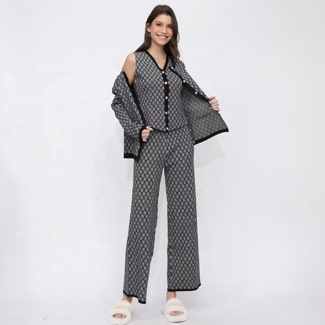 Retro Jacquard Set Women's Fragrant Style Sleeveless Knitted Shoulder Sweater Cardigan Coat Wide Leg Pants 3-Piece Set