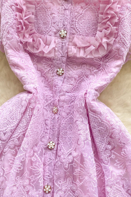 Verão francês Vintage elegante laço bordado lapela vestido vestidos