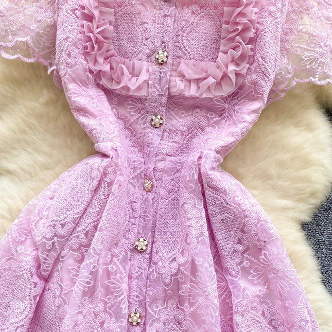 Verão francês Vintage elegante laço bordado lapela vestido vestidos