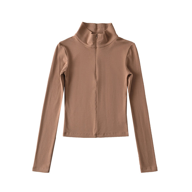 Turtleneck Collar Solid Color Long Sleeve Zipper Fly Casual Women t Shirt