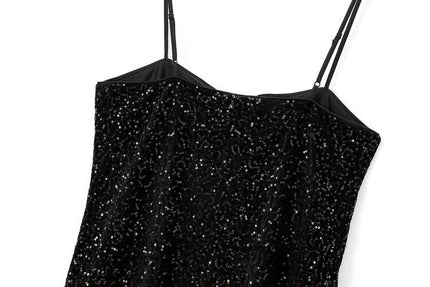 Black Color Front Bow Tie Sequin Spaghetti Strap Casual Fashion Mini Dress for Ladies
