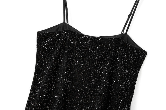Black Color Front Bow Tie Sequin Spaghetti Strap Casual Fashion Mini Dress for Ladies