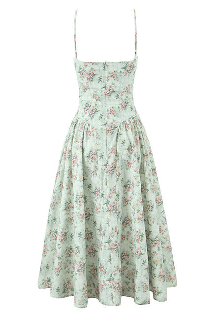 Spaghetti Strap Floral Print Green Color Casual Fashion Summer Long slip Dress for Women
