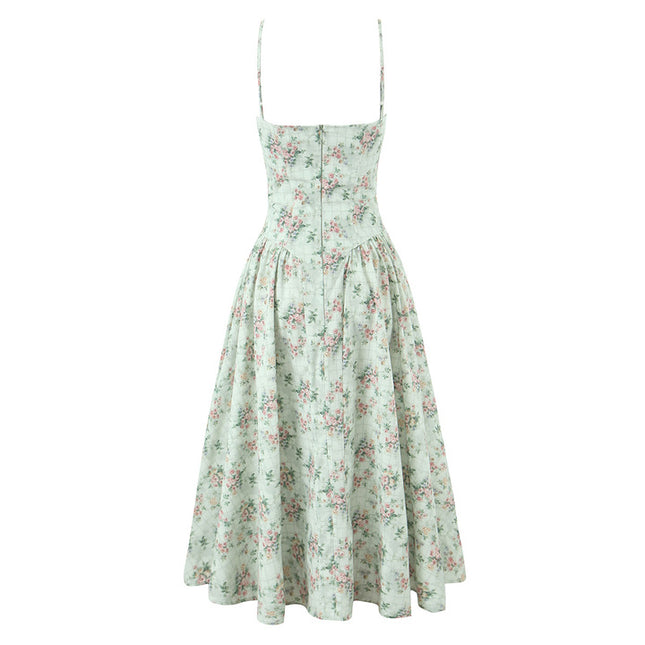 Spaghetti Strap Floral Print Green Color Casual Fashion Summer Long slip Dress for Women