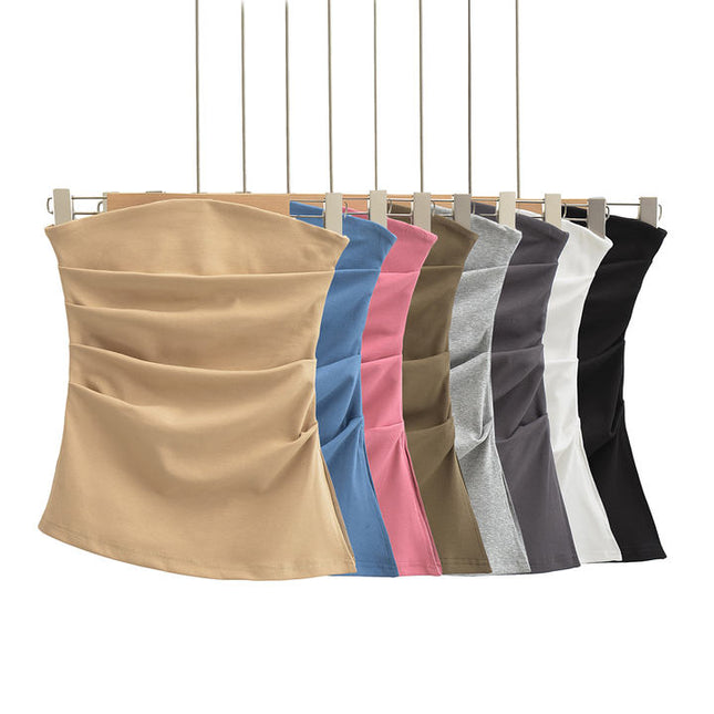 8 Colorway Strapless Pleated Zipper Fly Solid Color Casual Fashion Crop tank Tops for Women
