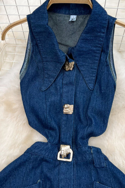 Vintage Lapel Cut-Out Waistless Sleeveless A-Line Split Denim Dress
