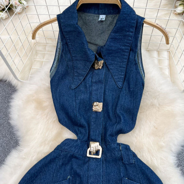 Vintage Lapel Cut-Out Waistless Sleeveless A-Line Split Denim Dress