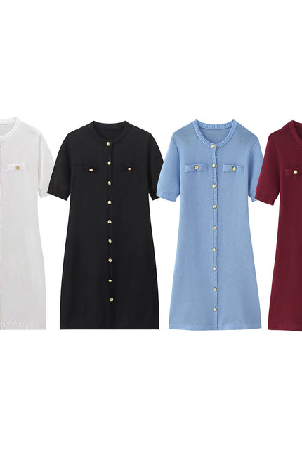 4 Colorway Crew Neck Buttons up Short Sleeve Solid Color Casual Fashion Summer Long Knit Dress for Women