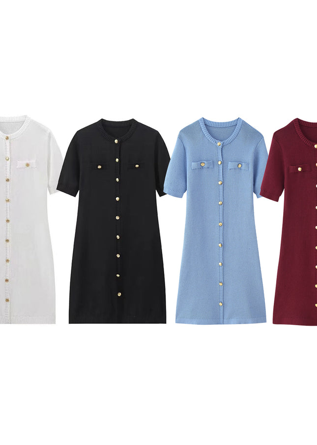 4 Colorway Crew Neck Buttons up Short Sleeve Solid Color Casual Fashion Summer Long Knit Dress for Women