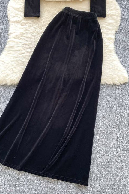 Senior Nail Drill Lotus Leaf Hem Splicing Long Sleeve Top High Waist Skirt Two Sets